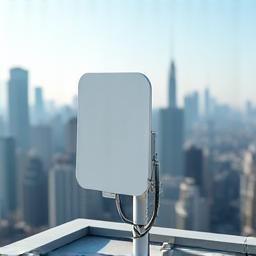 Moderne 5G-Antenne auf einem Dach mit Stadtblick